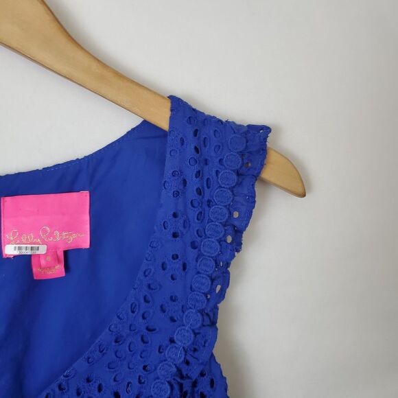 Lilly Pulitzer Royal Blue Eyelet Kaylee Shift Dress Size 6 Cotton Ruffle - Picture 5 of 11